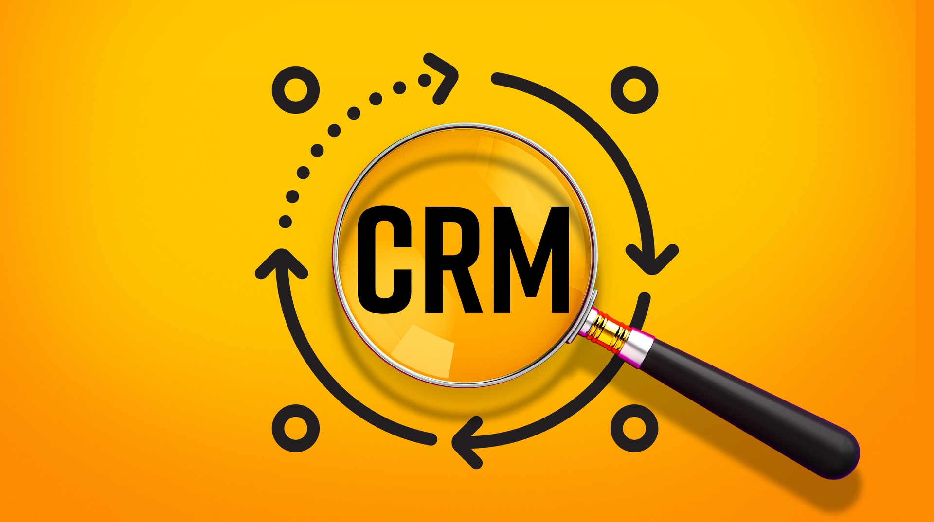 Concept CRM avec loupe et flèches circulaires, fond jaune vif, texte noir, infographie d’entreprise, gestion de la relation client, design minimaliste, icônes vectorielles, design plat. Rendu 3D.